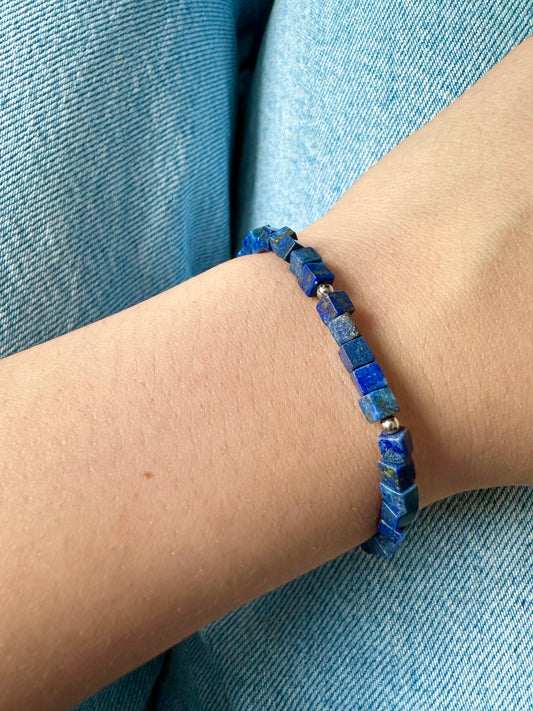 Royal Blue Lapis Lazuli Gemstone Cube Bracelet