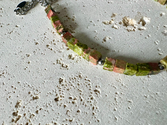 Rose Moss Unakite Gemstone Cube Bracelet