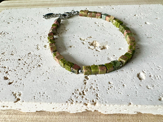 Rose Moss Unakite Gemstone Cube Bracelet