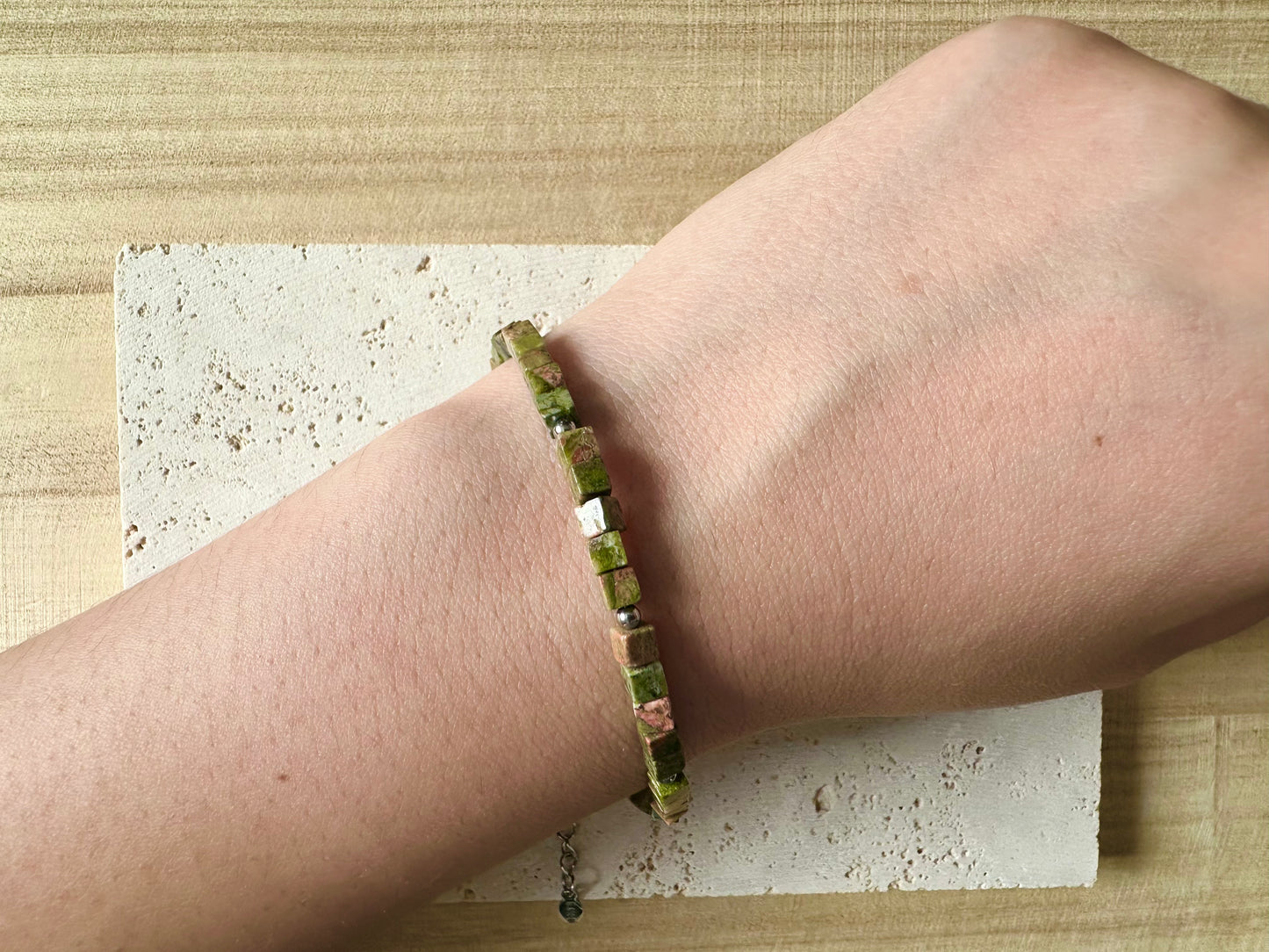 Rose Moss Unakite Gemstone Cube Bracelet