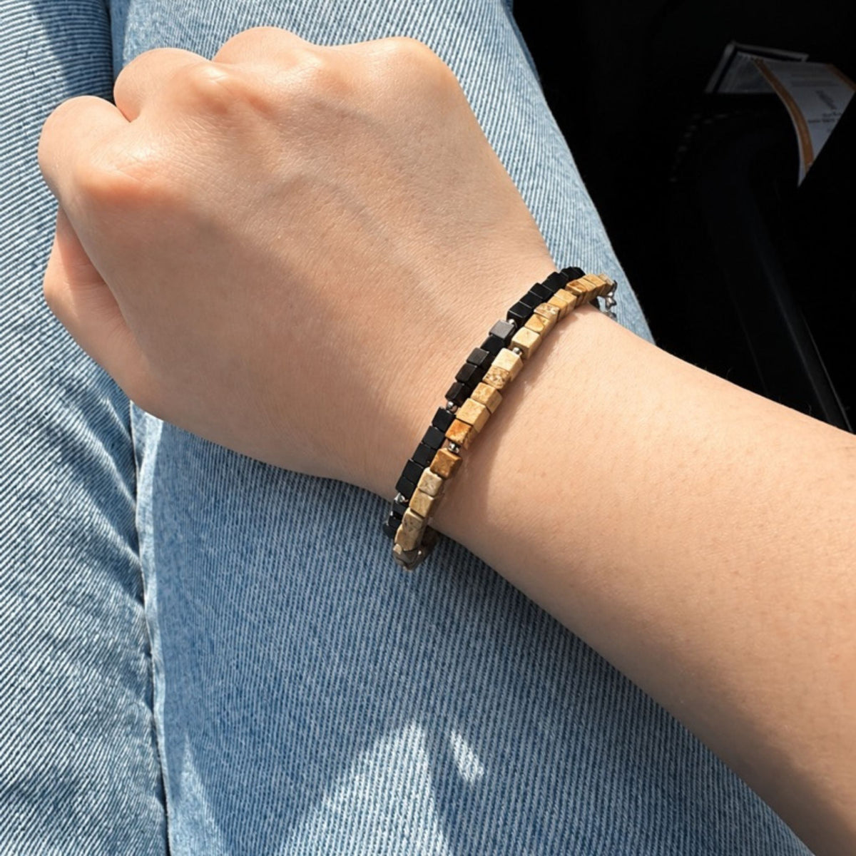 Midnight Black Agate Gemstone Cube Bracelet